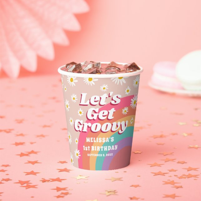 Let's Get Groovy Colourful Rainbow & Daisy Birthda Paper Cups (Insitu)