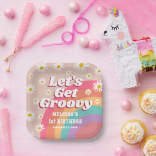 Let's Get Groovy Colourful Rainbow Daisy Birthday Paper Plate