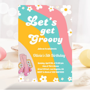 Let's Get Groovy Daisy Rainbow Hippie Retro Birth Invitation