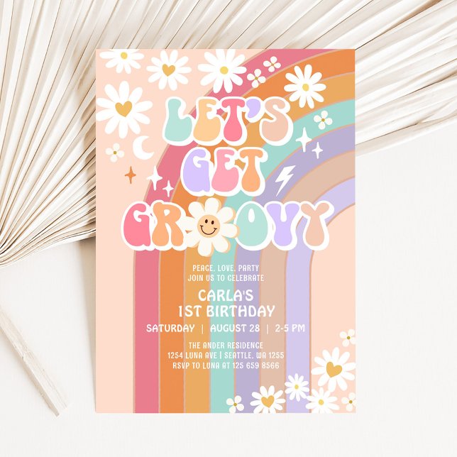 Let's Get Groovy Daisy Rainbow Retro Birthday Invitation (Creator Uploaded)