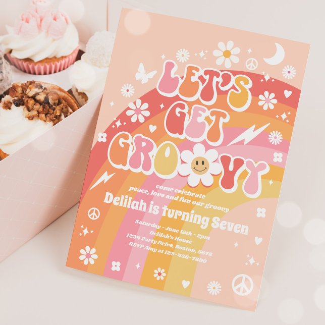 Let's Get Groovy Hippie Rainbow 70s Birthday Party Invitation (Creator Uploaded)