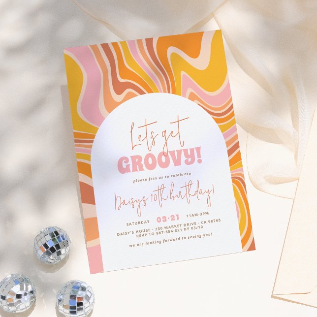 Let's Get Groovy Pink & Orange Arch Girl Birthday Invitation (Creator Uploaded)