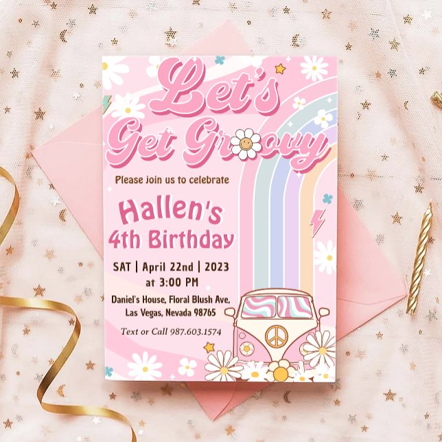 Let's Get Groovy Retro Boho Daisy Rainbow Birthday Invitation (Creator Uploaded)