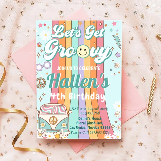 Let's Get Groovy Retro Boho Daisy Rainbow Birthday Invitation (Creator Uploaded)