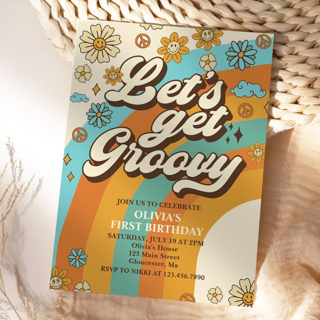 Let's Get Groovy Retro Rainbow 1st Birthday Party Invitation (Creator Uploaded)