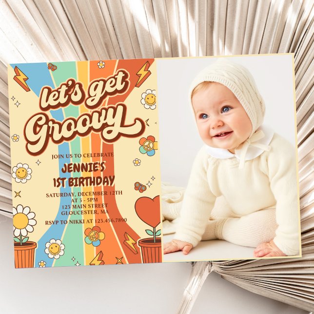 Let's Get Groovy Retro Rainbow 1st Birthday Photo Invitation (Creator Uploaded)