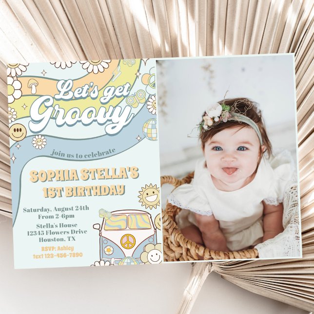Let's Get Groovy Retro Rainbow 1st Birthday Photo Invitation (Creator Uploaded)