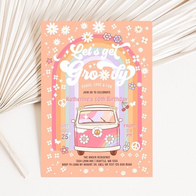 Let's Get Groovy Van Daisy Hippie 70s Birthday Invitation (Creator Uploaded)