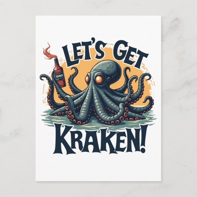 Let's Get Kraken Funny Rum Drinking Octopus Postcard (Front)