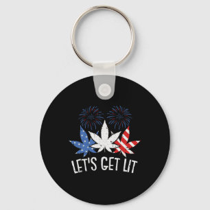 Lets Get Lit 4th Of July Weed American Flag Stoner Key Ring