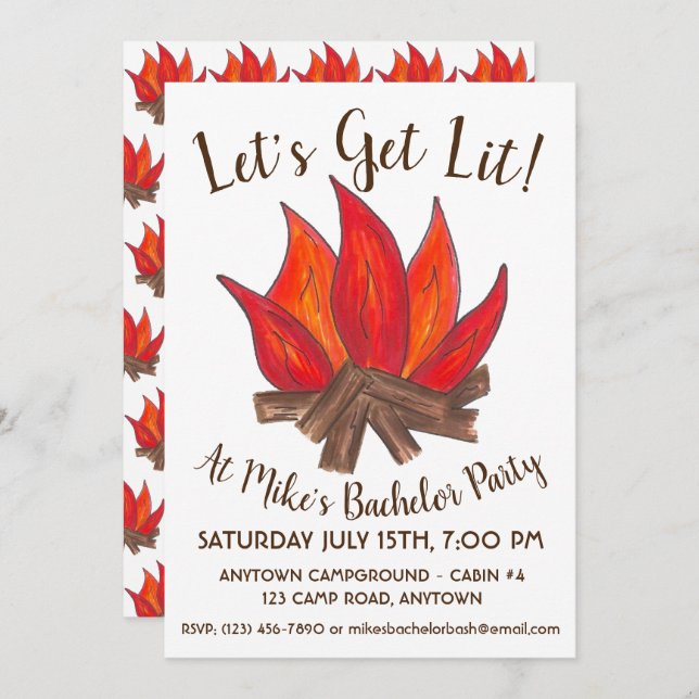 Let's Get Lit Camp Fire Bachelor Party Campout Invitation (Front/Back)