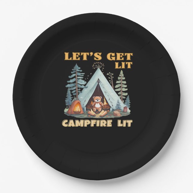 Let's Get Lit. Campfire Lit. Camping Quotes Classi Paper Plate (Front)
