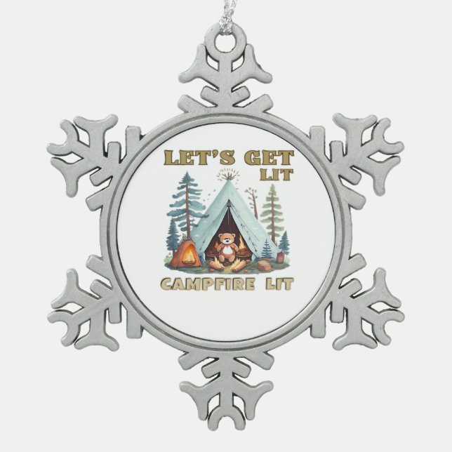 Let's Get Lit. Campfire Lit Classic Snowflake Pewter Christmas Ornament (Front)