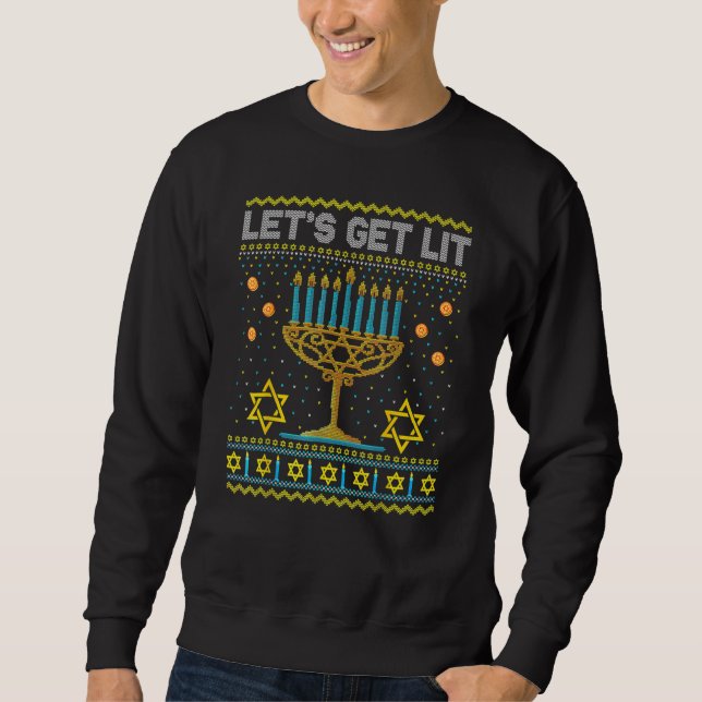 Let's Get Lit  Christmas Hanukkah Jewish Sweater (Front)