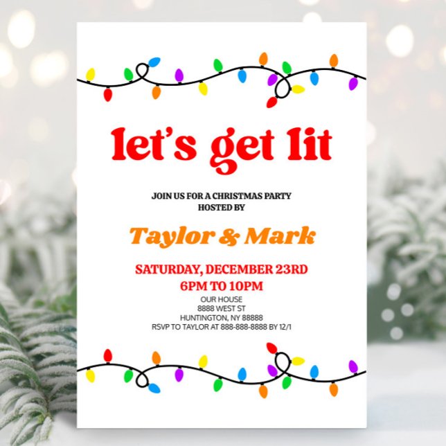 Let's Get Lit Christmas Lights Retro Holiday Party Invitation (Creator Uploaded)
