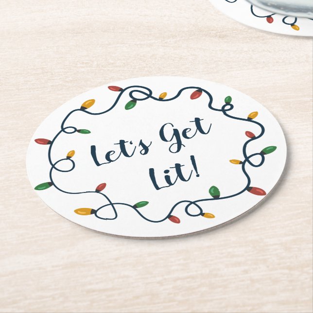 Let's Get Lit Christmas Lights Wreath Round Paper Coaster (Angled)