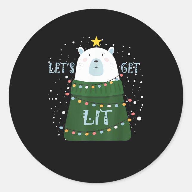 Let's Get Lit Cute Bear Christmas Pyjamas Classic Round Sticker (Front)