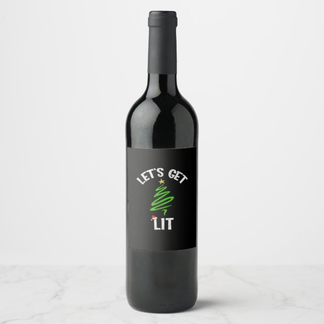 Let's Get Lit Drinking Funny Christmas Wine Label (Front)