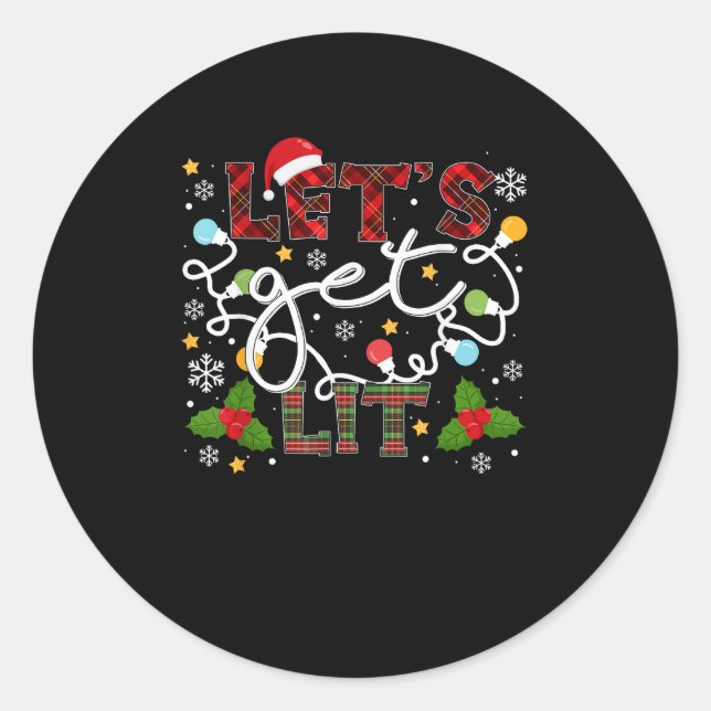 Let's Get Lit Drinking Santa Christmas Lights Classic Round Sticker (Front)