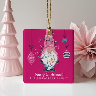 Let's Get Lit Fun Bright Gnome Christmas Lights Ceramic Ornament