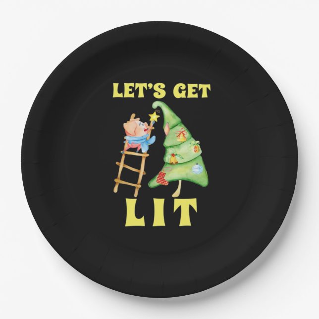 Let's Get Lit Funny Christmas Drinking Classic Paper Plate (Front)