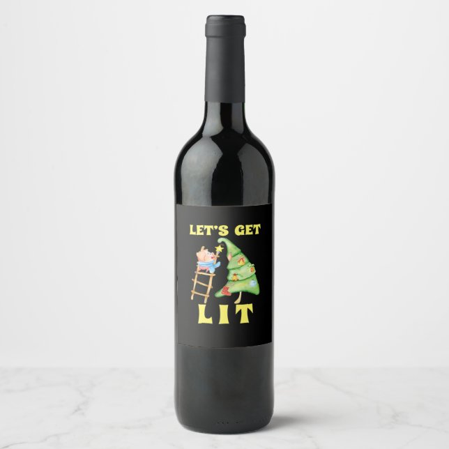 Let's Get Lit Funny Christmas Drinking Classic Wine Label (Front)