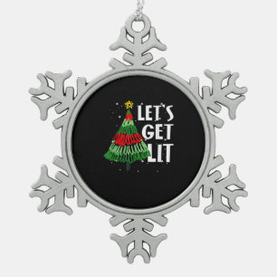 Let's Get Lit Funny Christmas Drinking Men Women Snowflake Pewter Christmas Ornament