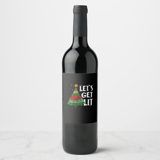 Let's Get Lit Funny Christmas Drinking Men Women Wine Label (Front)