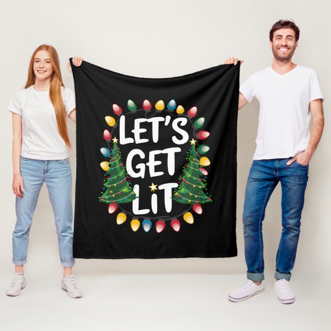 Let's Get Lit Funny Christmas Drinking Xmas Lights Fleece Blanket (In Situ)
