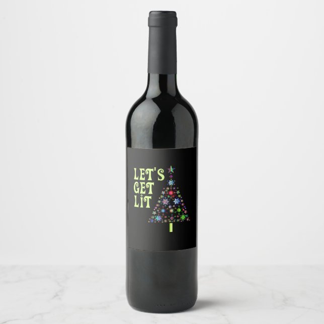 Let's Get Lit Funny Christmas Wine Label (Front)