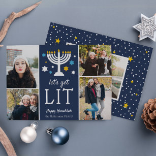 Let's Get Lit   Funny Hanukkah Photo Collage Holiday Card
