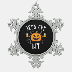 Let's Get Lit Halloween Beer Drinker Snowflake Pewter Christmas Ornament