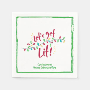 LET'S GET LIT   Holiday Lights   Green Border Napkin