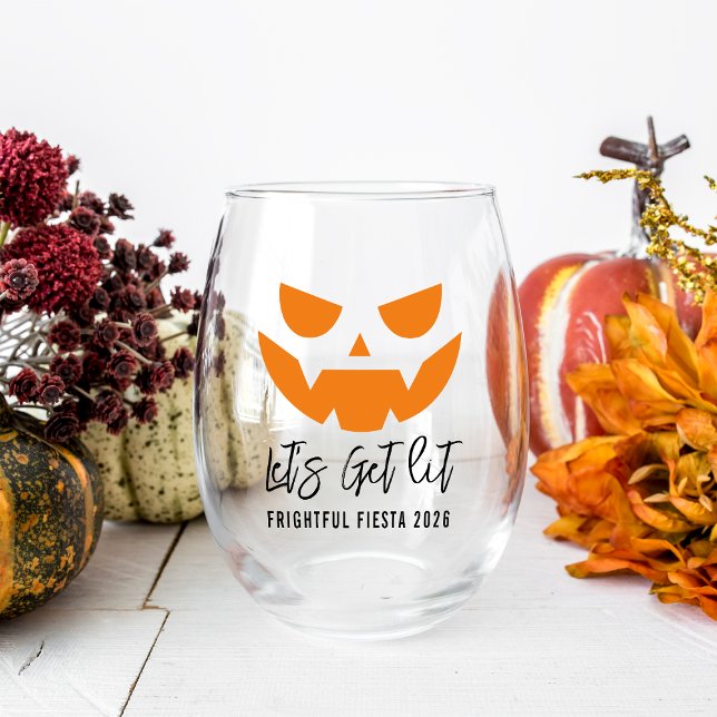Let's Get Lit | Jack O'Lantern Halloween Party Stemless Wine Glass (Creator Uploaded)