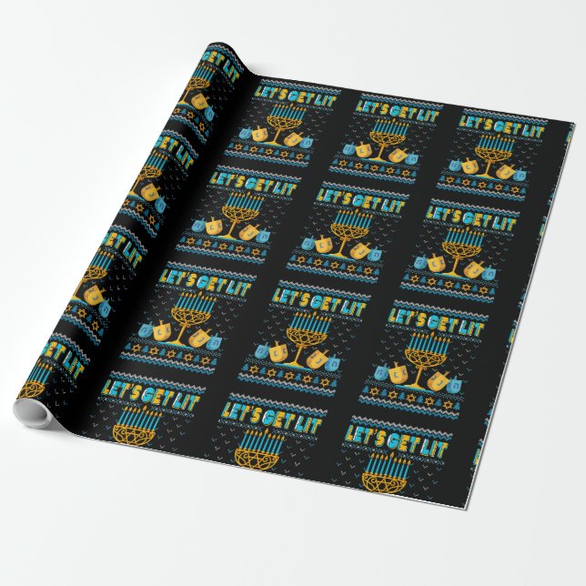 Lets Get Lit Menorah Hanukkah Funny Christmas Ugly Wrapping Paper (Unrolled)