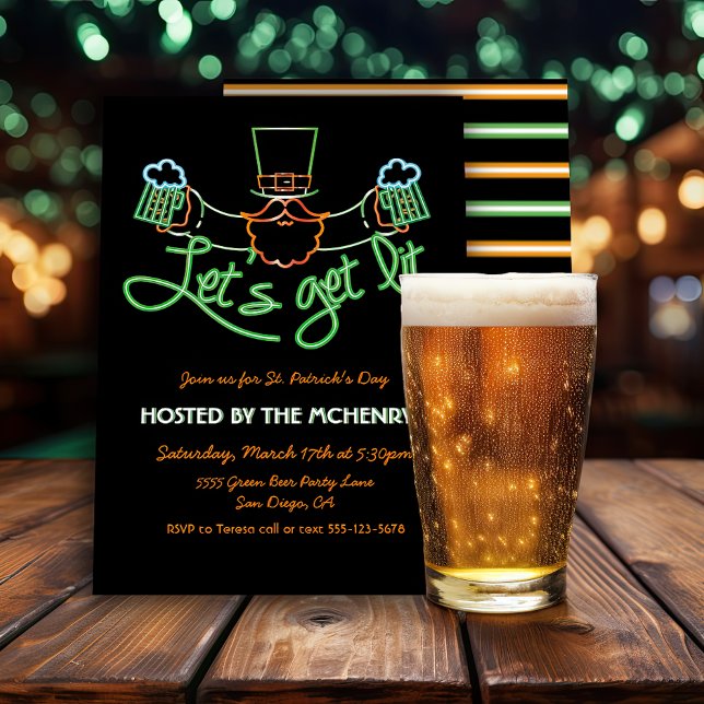 Let's get lit Neon Leprechaun St Patrick's Day Invitation (Creator Uploaded)