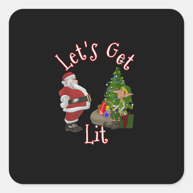 Let's Get Lit Santa Christmas Tree Design Square Sticker (Front)