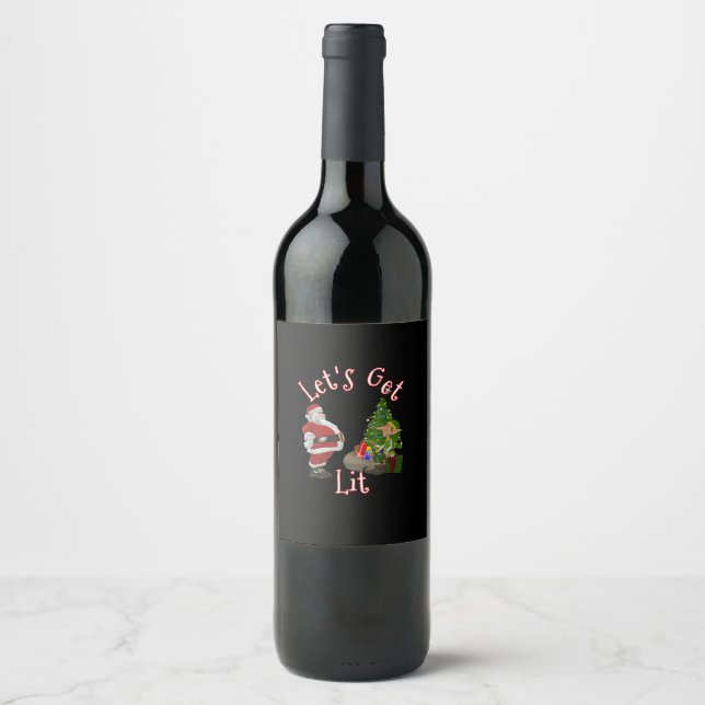 Let's Get Lit Santa Christmas Tree Design Wine Label (Front)