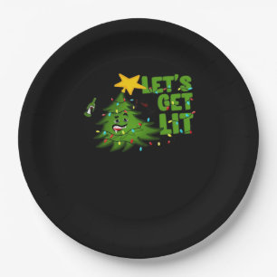 Let's Get Lit Tipsy Christmas Tree Funny Essential Paper Plate