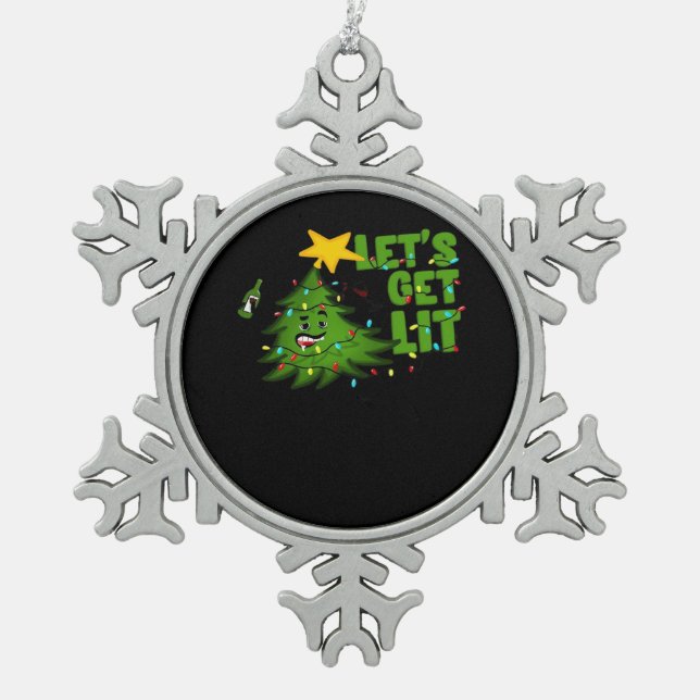 Let's Get Lit Tipsy Christmas Tree Funny Essential Snowflake Pewter Christmas Ornament (Front)