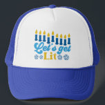 Let's Get Lit! Trucker Hat<br><div class="desc">This cheeky Hanukkah pattern is an eye-catcher! It's a fun and funky way to dress up decor,  gifts,  apparel,  and household items for the occasion. Check out my store for more pattern items and gift ideas,  or combine items to create an interesting gift package!</div>