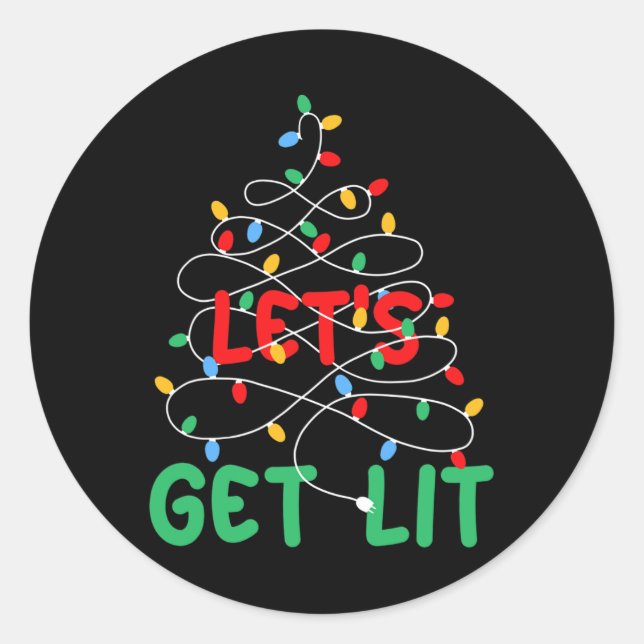 Let's Get Lit Xmas Lights Christmas Pajama Holiday Classic Round Sticker (Front)