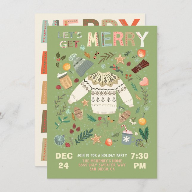 Let's Get Merry Holiday Christmas Party Sweater Invitation (Front/Back)
