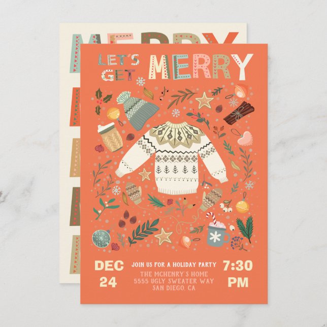 Let's Get Merry Holiday Christmas Party Sweater Invitation (Front/Back)