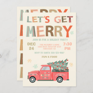 Let's Get Merry Holiday Christmas Truck Tree Invitation