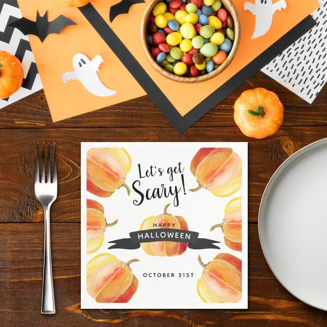 Let's Get Scary Watercolor Pumpkin Halloween Party Napkin (Creator Uploaded)
