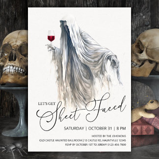 Let's Get Sheet Faced, Ghost Wine Halloween Invitation