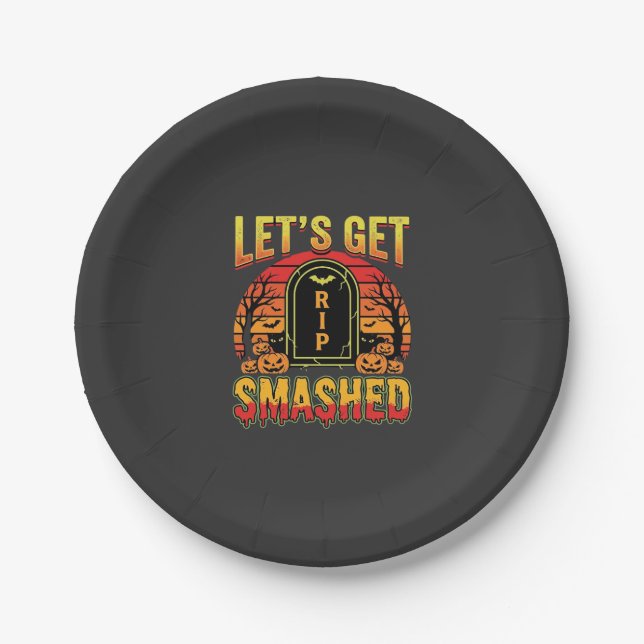 Lets Get Smashed Halloween Pumpkin Graveyard Paper Plate (Front)