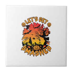 Lets Get Smashed Halloween Pumpkin Spooky Tree Bat Ceramic Tile
