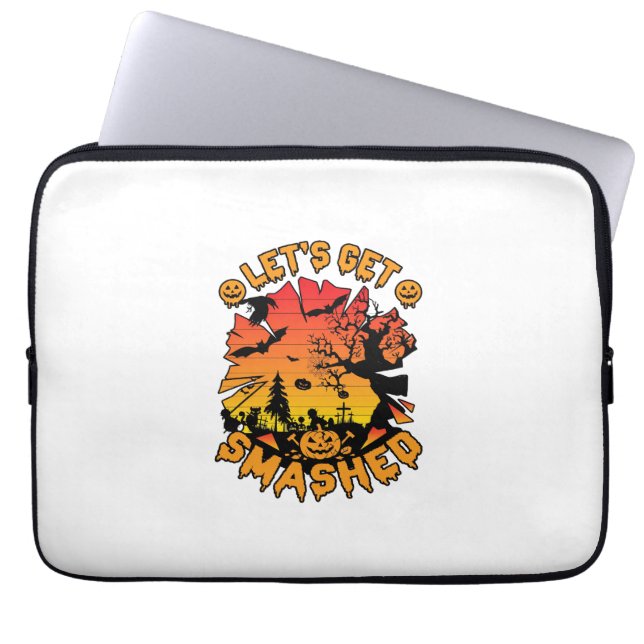 Lets Get Smashed Halloween Pumpkin Spooky Tree Bat Laptop Sleeve (Front)